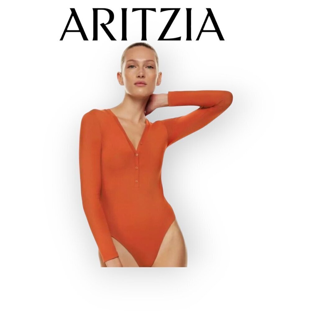 Aritzia Babaton Contour Orange Henley Bodysuit Small Long Sleeve V-Neck Chic